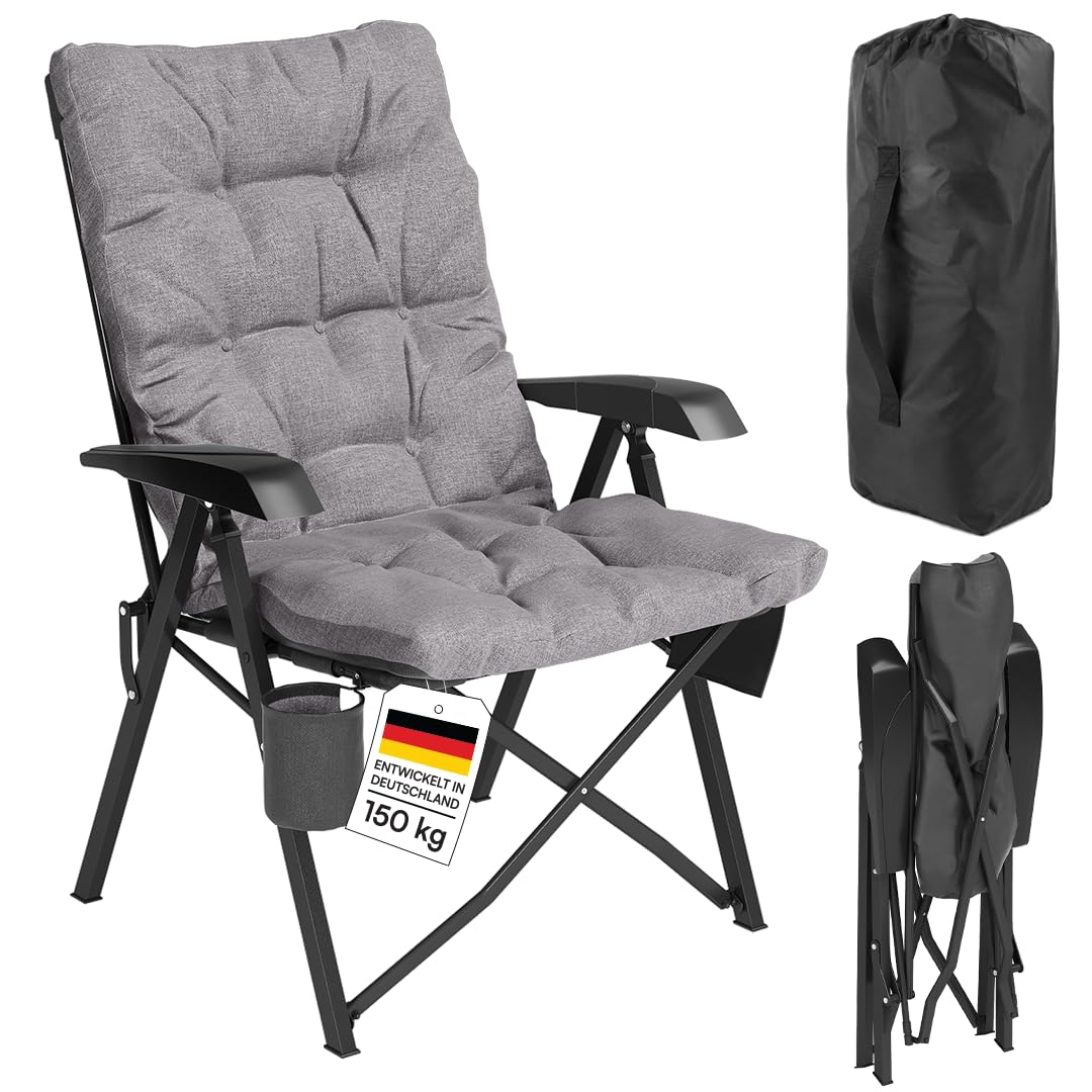 STEELSØN Hoggar Campingstuhl 51 cm breit, Grau, 4-Fach verstellbar, 150 kg | Faltbarer Outdoor Klappstuhl mit Seitentasche & Getränkehalter, dick gepolstert, Gartenstuhl, Campingsessel, Camping Chair