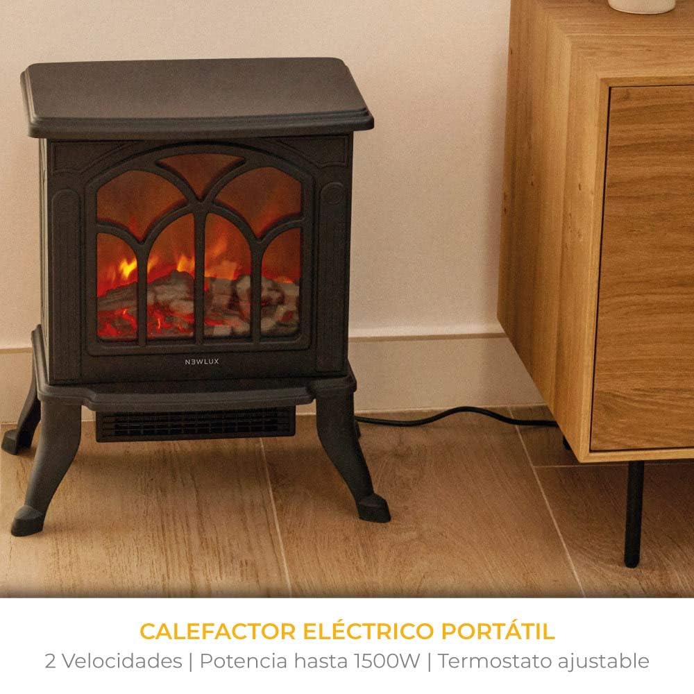 NEWLUX Chimenea Eléctrica Classic Flame, Calefactor Cerámico Termoventilador Llama Decorativa, Chimenea portátil, Termostato, 2 Niveles, Sensor Seguridad Sobrecalentamiento, 750/1500W, 355x465x250mm