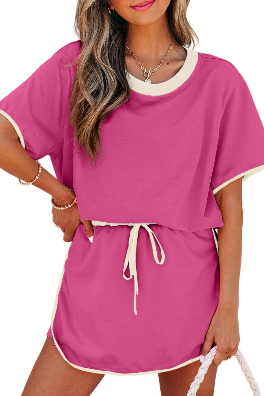 UONBOX Womens Summer 2 Piece Sets Sweatsuit Colorblock Edge Drop Shoulder T Shirt and Skort Set Casual Trendy Lounge Outfits