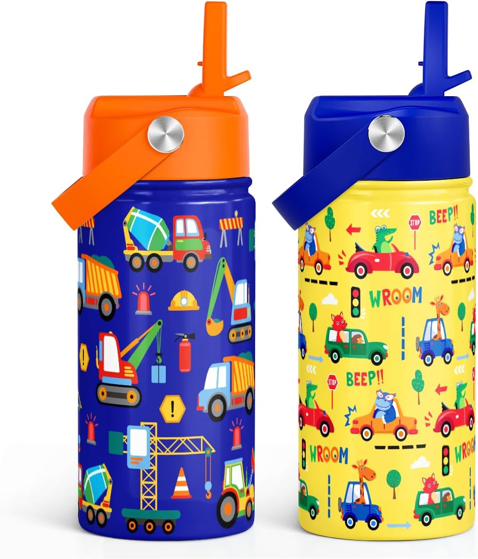 SANDJEST Kid Water Bottle 12oz with Straw Lid – 2-Pack Insulated Stainless Steel Water Bottles for Kids Boys Girls – Travel Cup for School Sports, Construction & Transportation