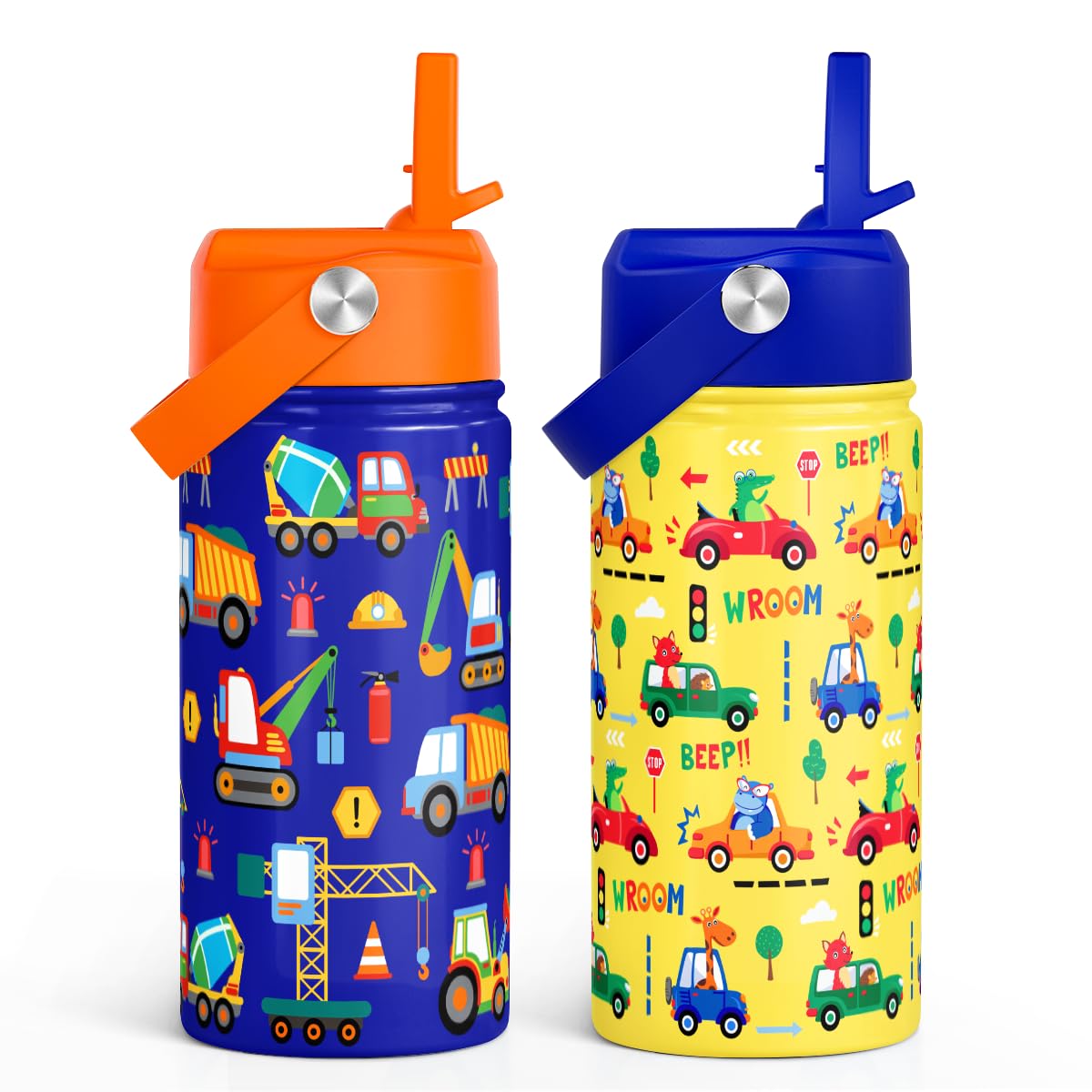 SANDJEST Kid Water Bottle 12oz with Straw Lid - 2-Pack Insulated Stainless Steel Water Bottles for Kids Boys Girls - Travel Cup for School Sports,