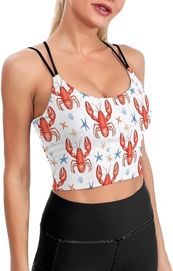 Longline Sports Bras for Women - Lobster Starfish Print Yoga Camisole Built in Bra Tank Tops with Padded