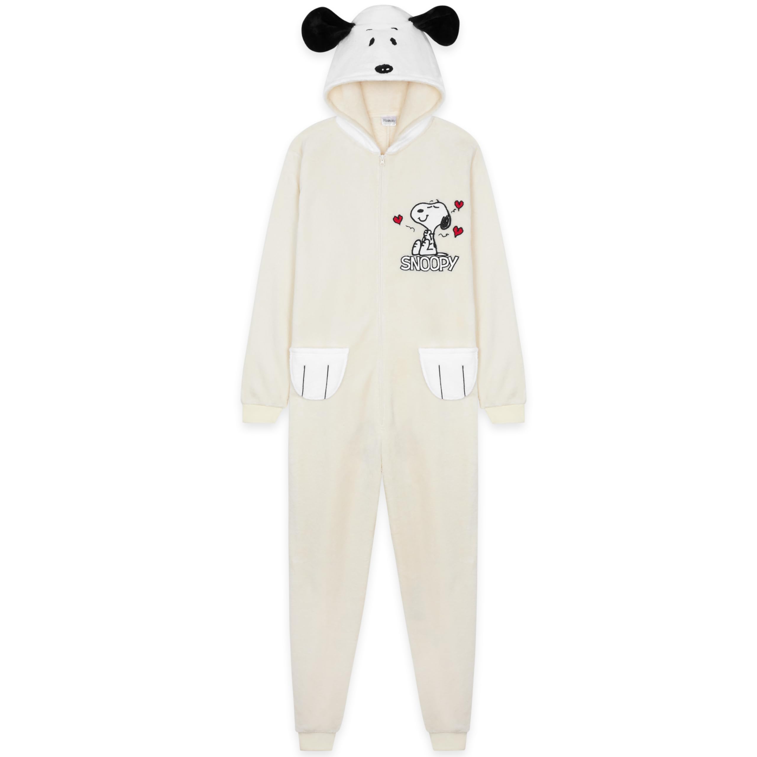 Peanuts Women's Beige Snoopy Fleece Onesie With Hood & 3D Ears, Cosy Loungewear Pyjamas Sleepsuit For Teens Nightwear, Gifts For (L, )