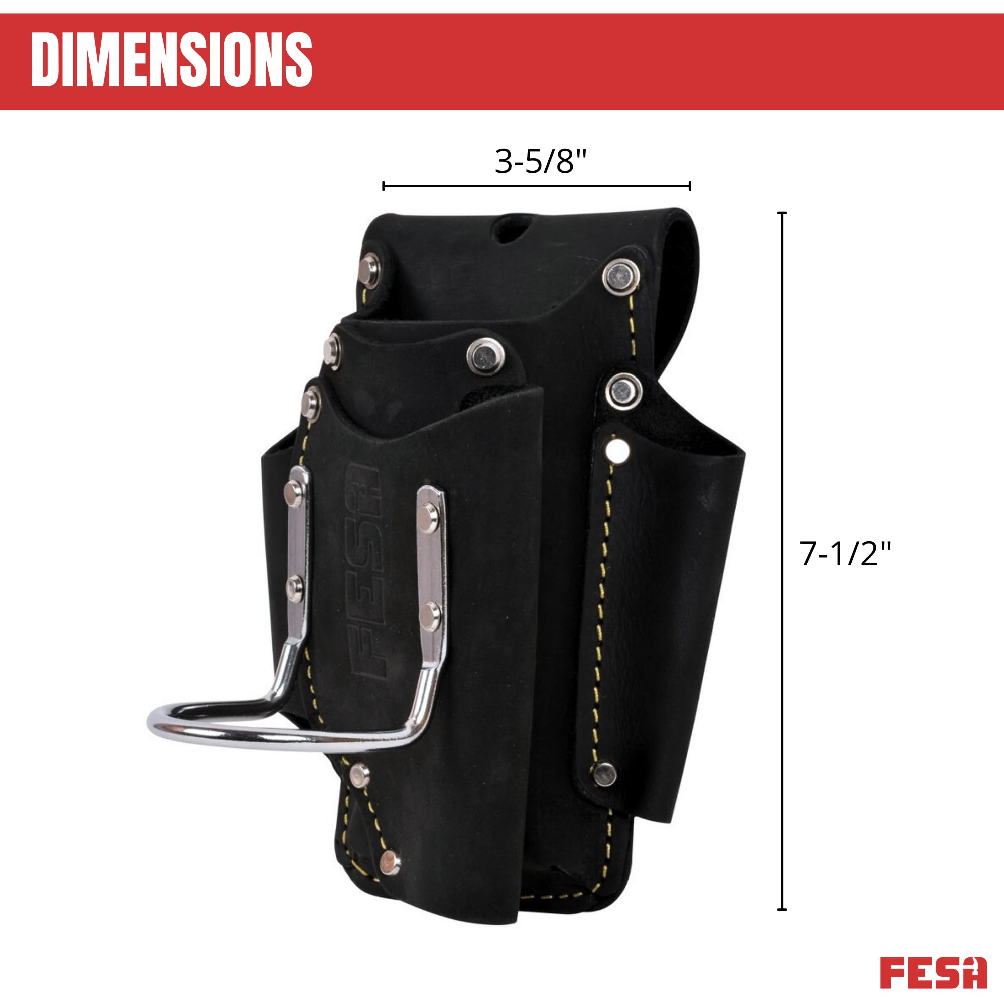 FESA Small Leather Tool Pouch 5-in-1 Heavy Top Grain Leather with Steel Hammer Loop 4 Pockets Reinforced Rivets Fits Belts up to 3'' Handcrafted