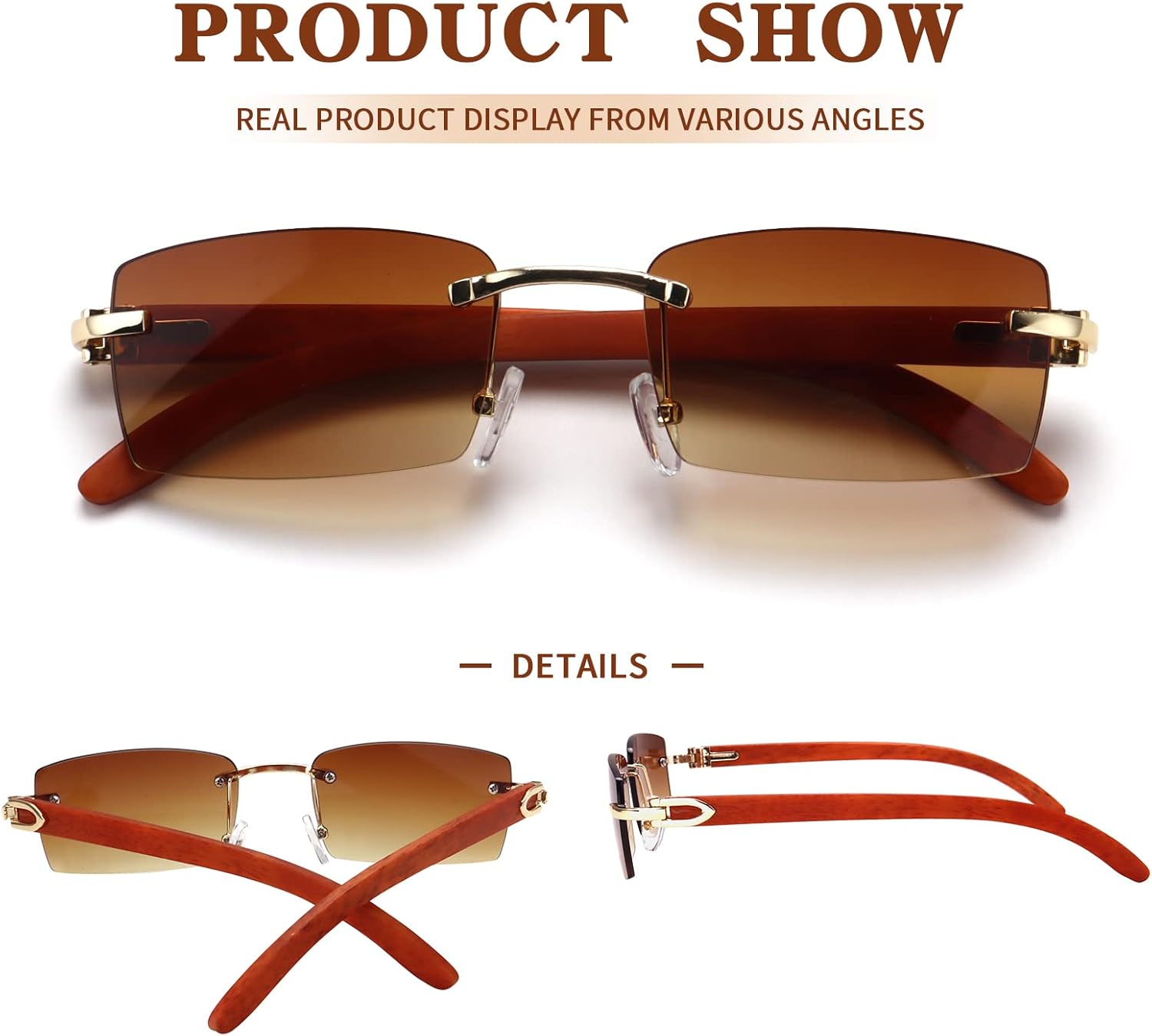 Dollger Rimless Rectangle Sunglasses for Men Women Hip-hop Wood Small Square Sunglasses Frameless 70s 90s Shades