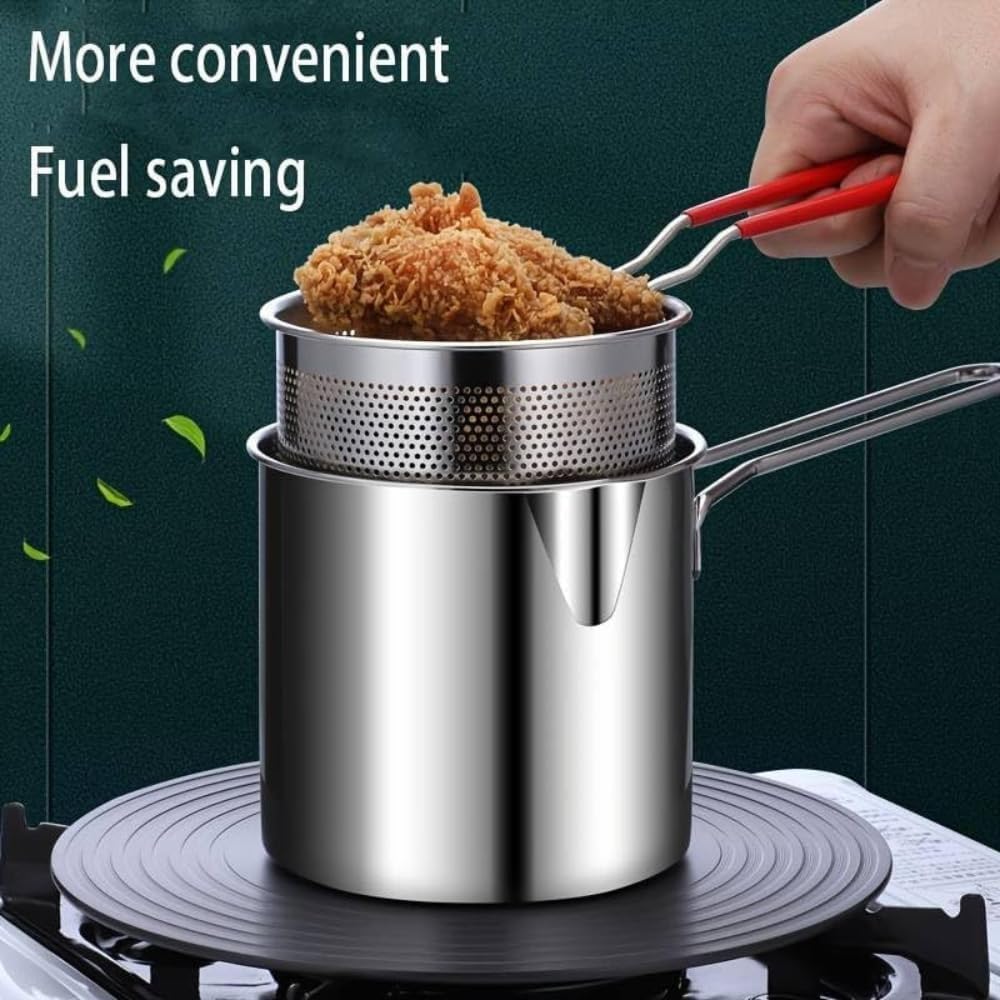PIBOKU 1200ml Stainless Steel Deep Frying Pot with Basket and Long Handle - Small Oil Fryer for French Fries, Shrimp, Fish, Chicken Wings, Boiling Butter, Sauces, Gravies, and Pasta - Silver 4