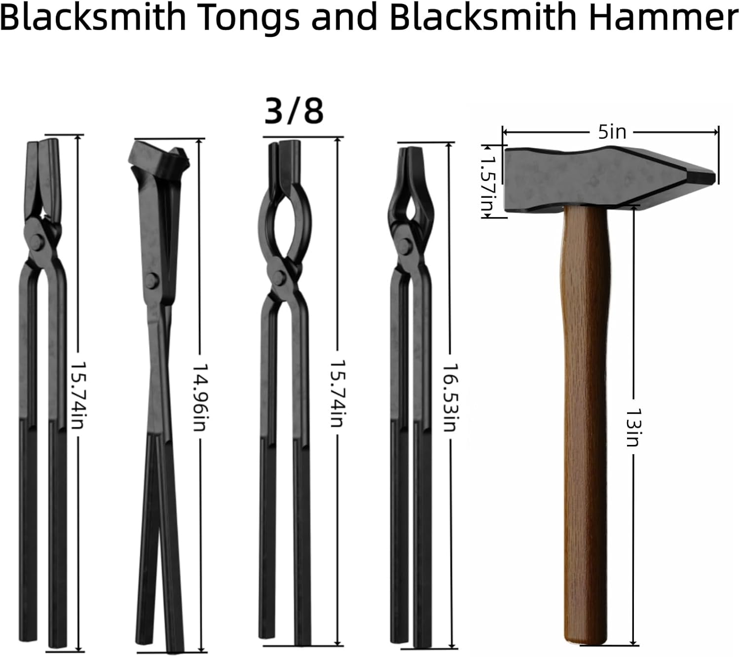 5PCS Blacksmith Tongs Set with Hammer - 3/8" V-Bit, V-Bit Blade, Flat Jaw & Square Jaw, High Carbon Steel Assembled Forging Tools for Knife Making