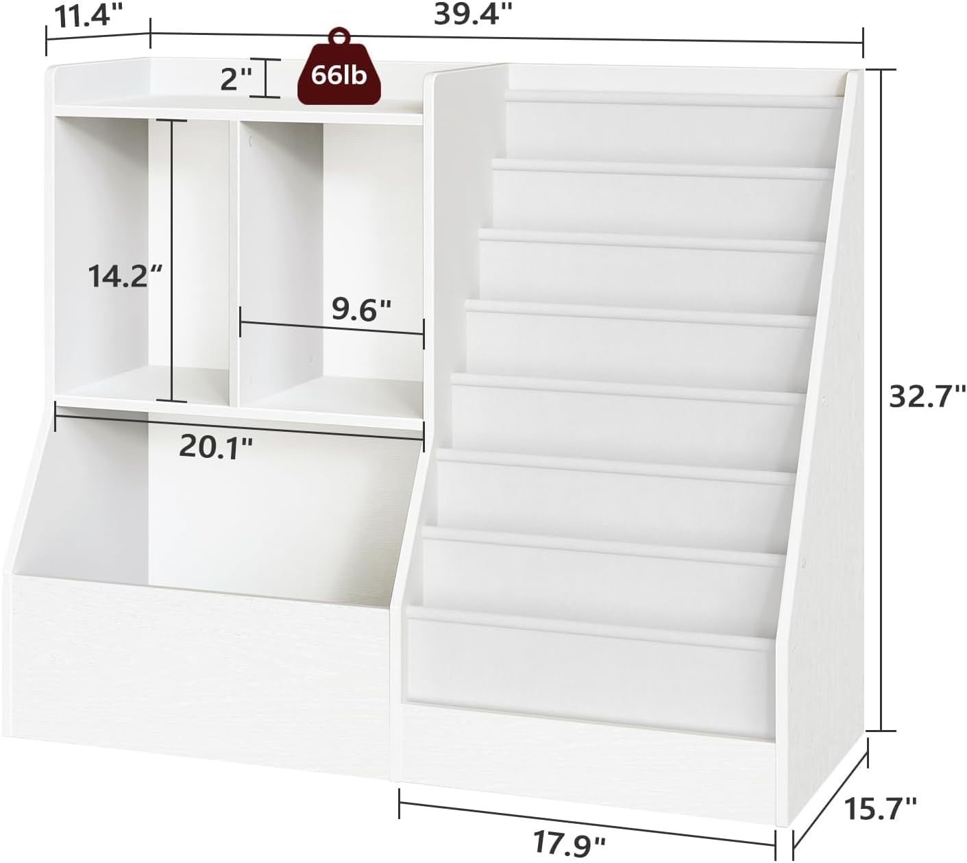 MAHANCRIS 39.4" Kids Bookshelf and Toy Storage, 7 Layer Kids Book Sling Shelf, Toddler Bookshelf, Kids Bookcase, Toy Organizer Cabinet, Large, for Playroom, Bedroom, Nursery, White BKWT7301