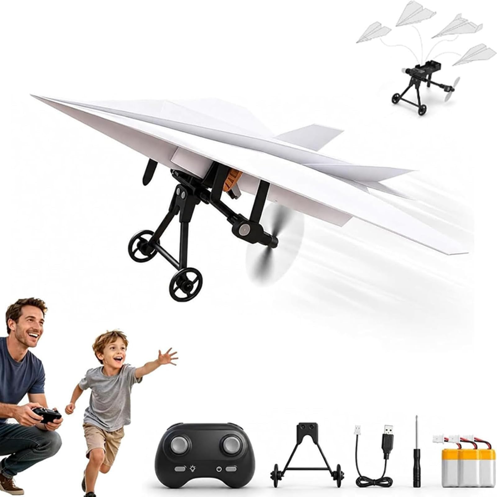 Rc Paper Airplane Kit with Gyro Stabilizer,DIY Electric Remote Control Plane with Dual Propellers, Lightweight Foldable Flying Stem Toy Micro Fixed Wing Drone for Kids Adults