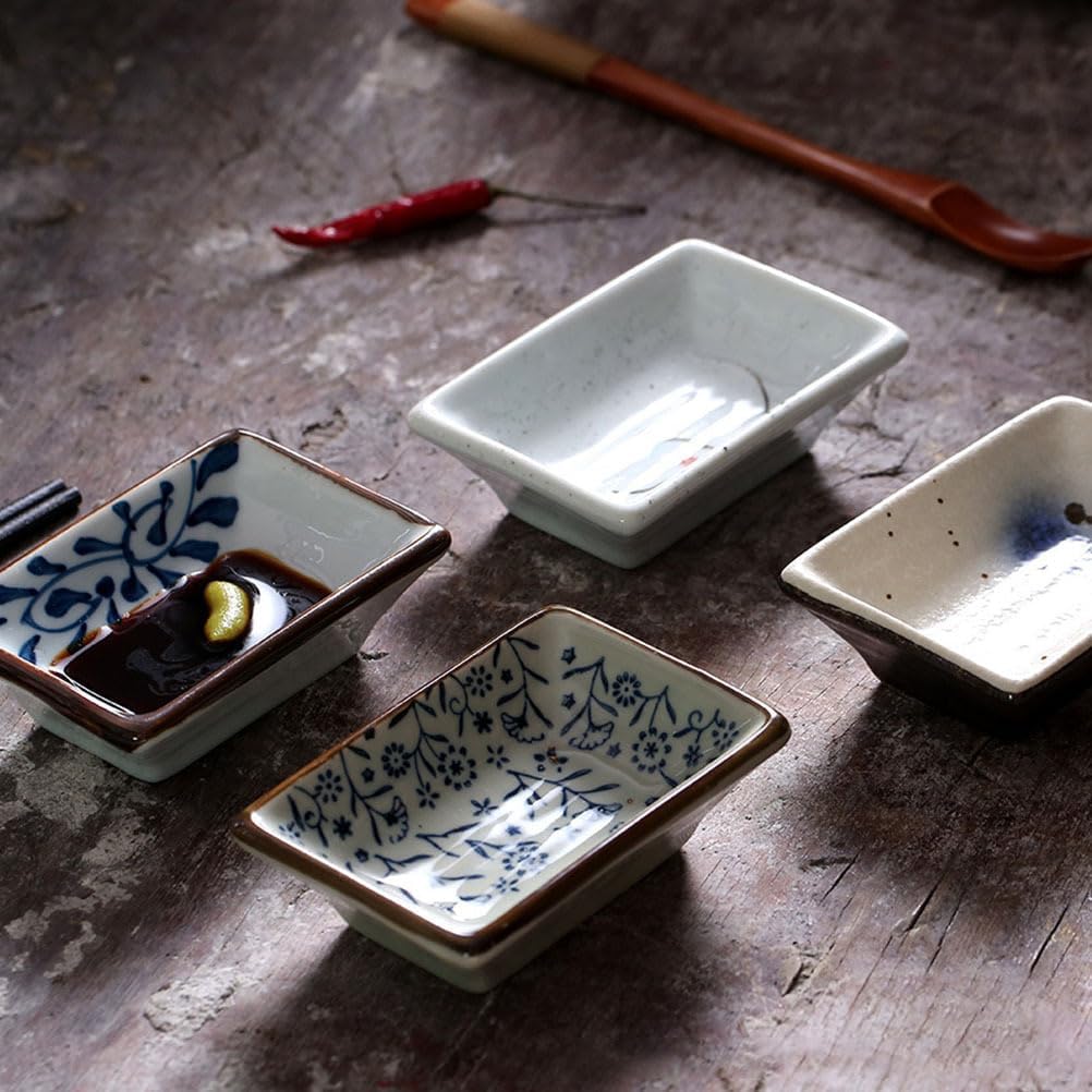 PRETYZOOM Ceramic Soy Sauce Dish Set 2 Pack Small Rectangular Sauce Plates for Dipping Side Dishes for Sushi Dim Sum and Asian Cuisine Dishwasher Safe 3.77X2.59X1.25 Inches