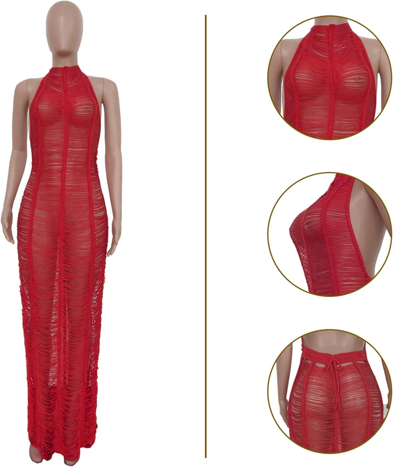 Women Sexy Crochet Swimsuit Cover Up Halter V Neck Backless See Through Long Maxi Dress Summer Beach Bikini Cover Ups - Image 4