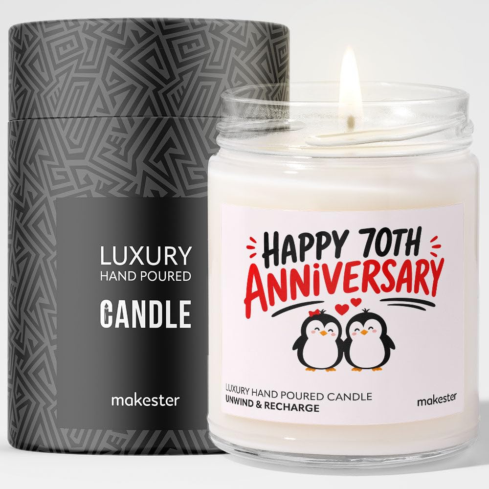 70th Wedding Anniversary Candle Gift - Luxury Soy Wax Candle - Vanilla, Jasmine, Sugared Almond - Makester