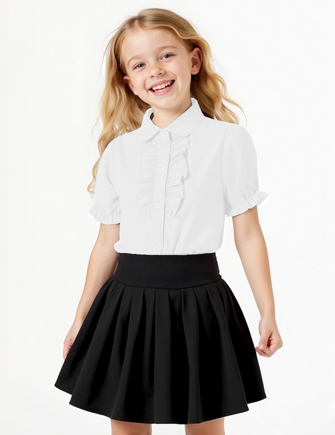 Girls Short Sleeve Button Down Shirts Ruffle School Uniform Crop Tops Peter Pan Collar Plaid Blouse 4-13Y - Image 6