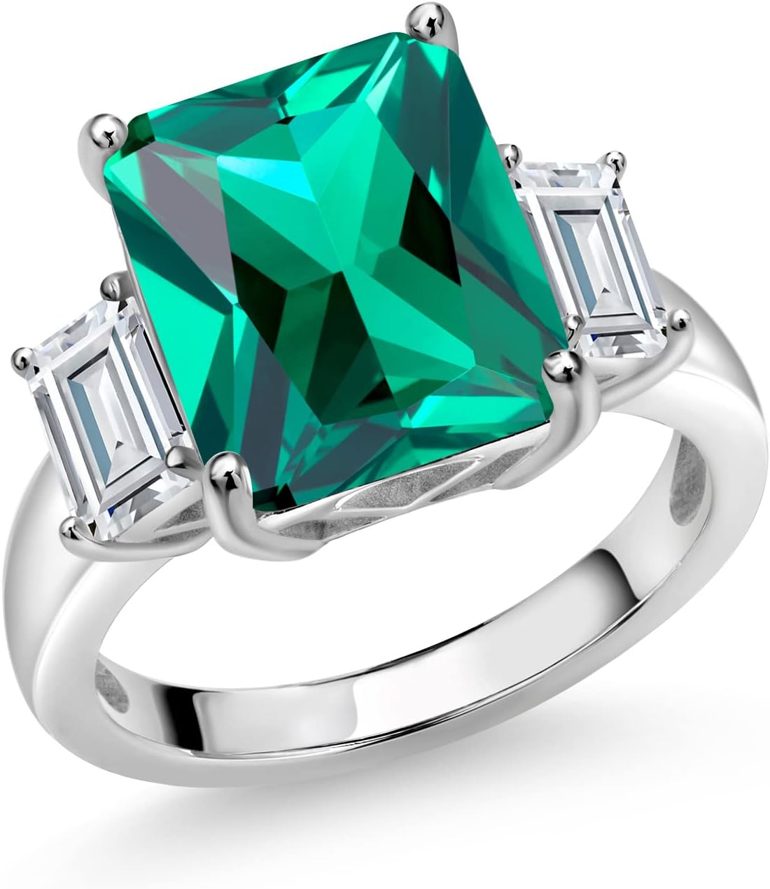 Gem Stone King 6.62 Cttw 925 Sterling Silver Emerald Cut Green Nano Emerald and White Moissanite 3 Stone Ring | 3 Stone Wedding Anniversary Promise Ring For Women