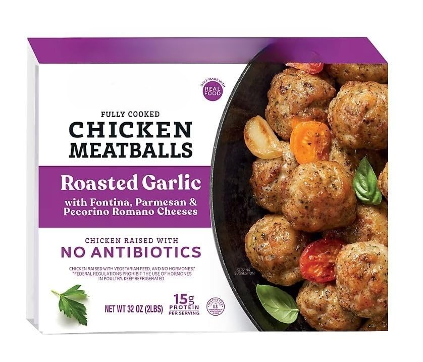 Roasted Garlic with Fontina, Parmesan & Pecorino Romano Cheese Chicken Meatballs , These meatballs are the perfect complement to your dinner menu. These meatballs always include all the right ingredients and are only made with real food that are always all natural, antibiotic and gluten free. They are pre-cooked, and offer a quick and convenient protein source the whole family will love. [ 32 oz , 2 pound ]