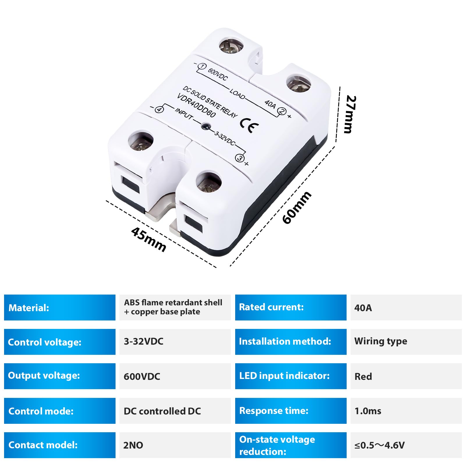 600V DC Relé de Estado Sólido, Dd25 Dd40 Módulo SSR de CC de Control CC, Entrada de 3-32 V Salida de 0-600 V Con Carcasa Ignífuga, para Motor de CC, Válvula Solenoide (40A)