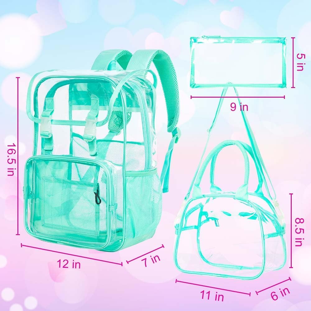 17" Flip Top Clear Backpack for Girls, 3Pcs Stadium Approved Set, Waterproof Transparent Bookbag for Travel/School (Green) - Image 4