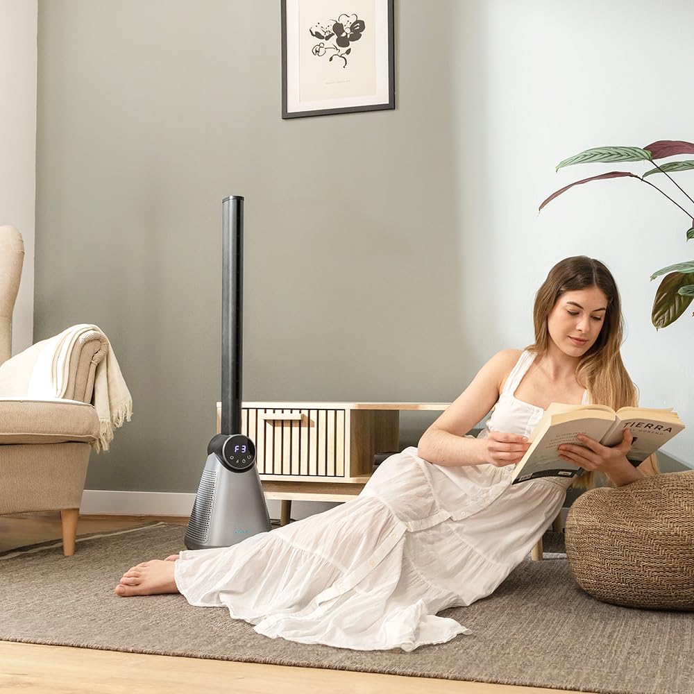 Cecotec - Ventilatore a Torre EnergySilence 9890 Skyline Bladeless Dark senza pale 100 cm, 50W, touch screen LED, telecomando, 3 modalità, 3 velocità, timer 15 ore, oscillazione 40º, Acciaio Base Nera