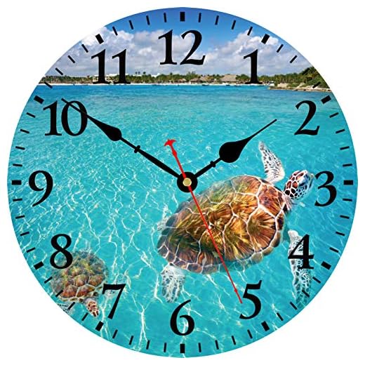 TAHEAT 14 Inch Turtle Underwater Wall Clock, Silent Non Ticking Nautical Sea Round Clocks, Battery Operated Easy to Read Wall Clock for Living Room Kitchen Bathroom Office