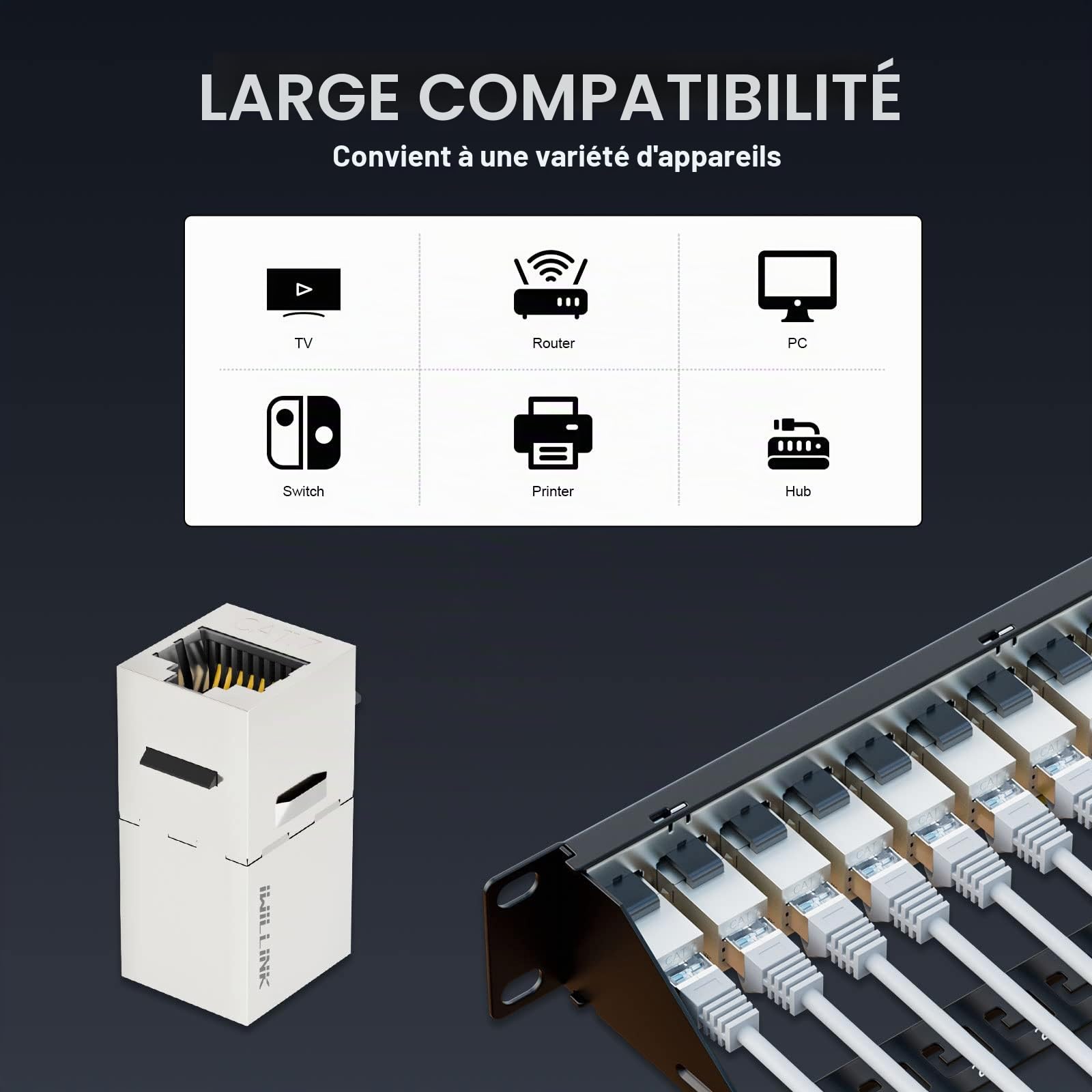 iwillink Coupleur RJ45 24 ports Cat7 1U blindé Panneau de brassage STP 48,3 cm avec barre arrière, support mural ou montage en rack, compatible avec câblage Cat5, Cat5e, Cat6, Cat7