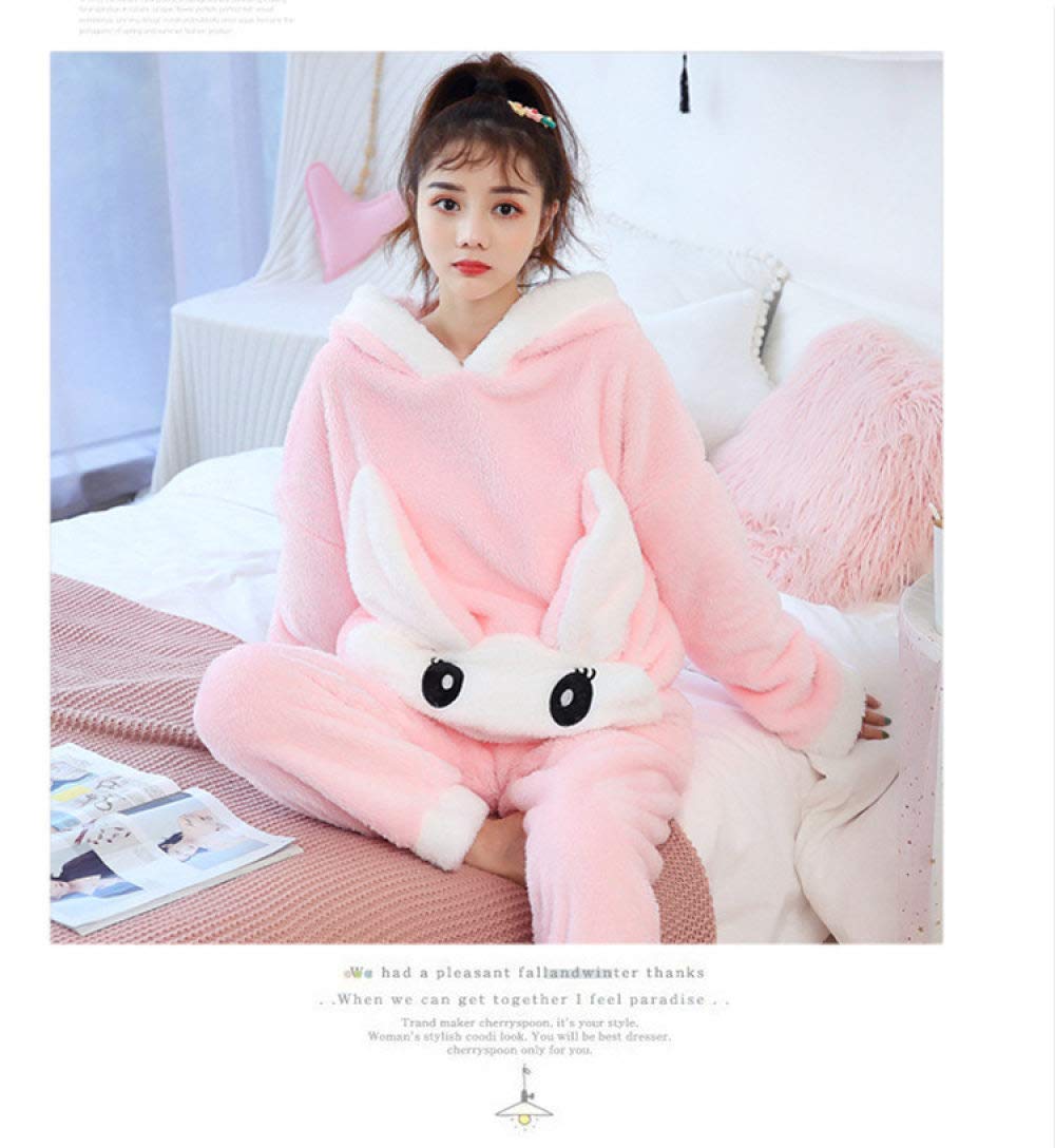 HAIBI Damen Pyjama Winter，Mädchen Schlafanzug 2 STK Mädchen Pyjamas Sets Nachtwäsche Cartoon Rosa Kaninchen Lange Ärmel Warm Pyjamas Weibliche Homewear