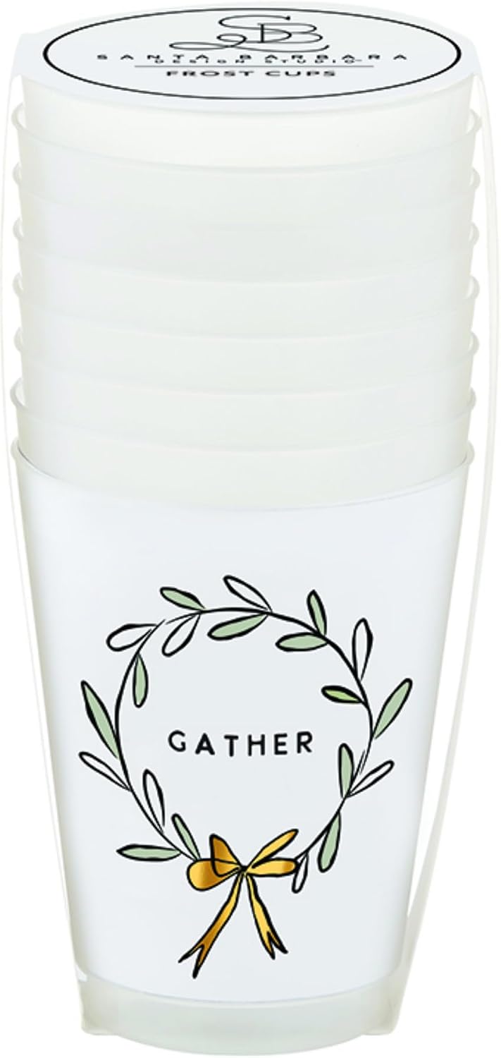 Santa Barbara Design Studio Holiday 8-Count Gold Foil Embellished Plastic Frost Beverage Cups, 16 Fluid Ounces, Gather