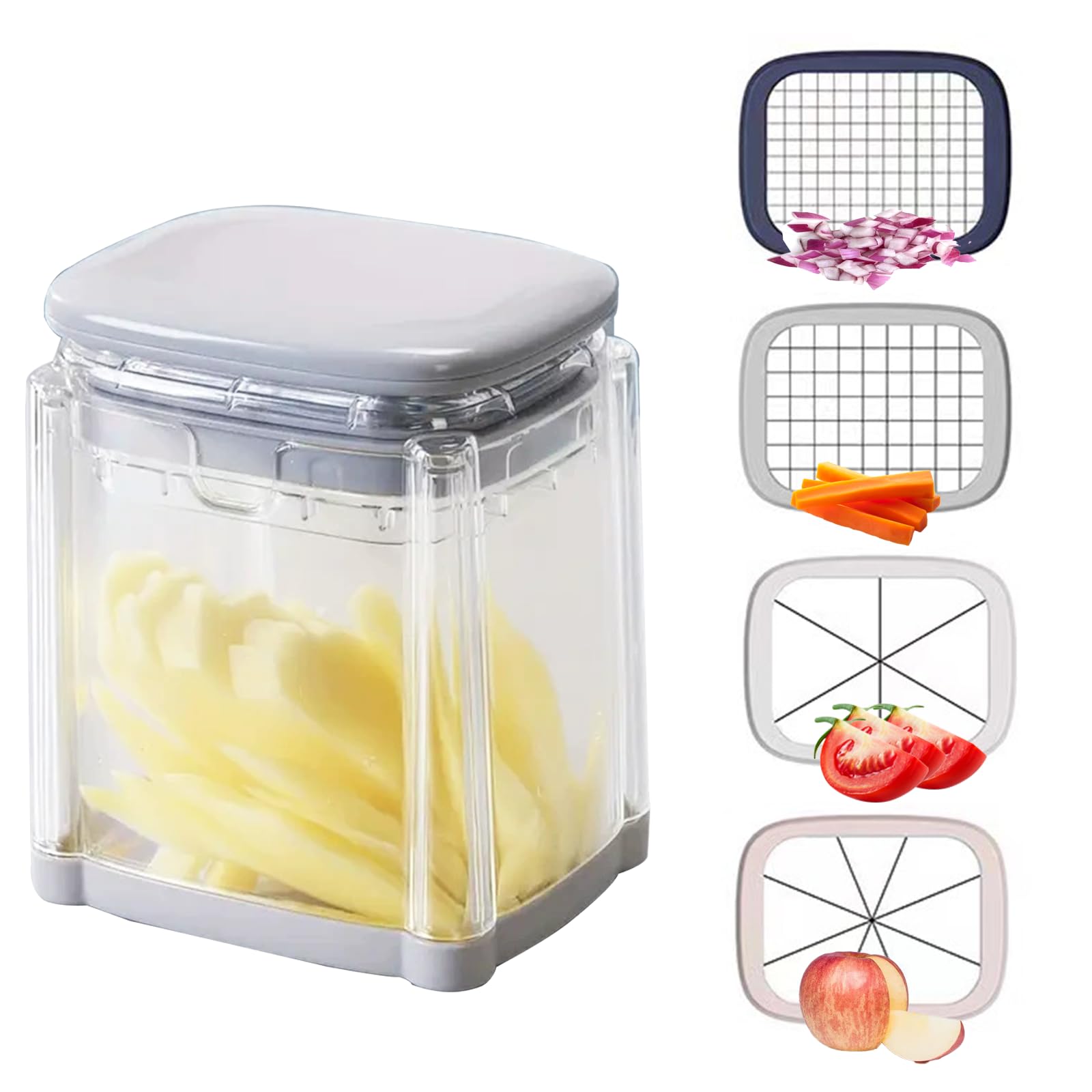 4 en 1 Coupe Frite Polyvalent avec Lame Inox, Coupe Légumes Manuel, Couper Rapide Frites, Boîte Hachage Alimentaire, Hachoir Aliments, Coupe Pomme Terre Multifonctions pour Frites, Fruits, Oignon