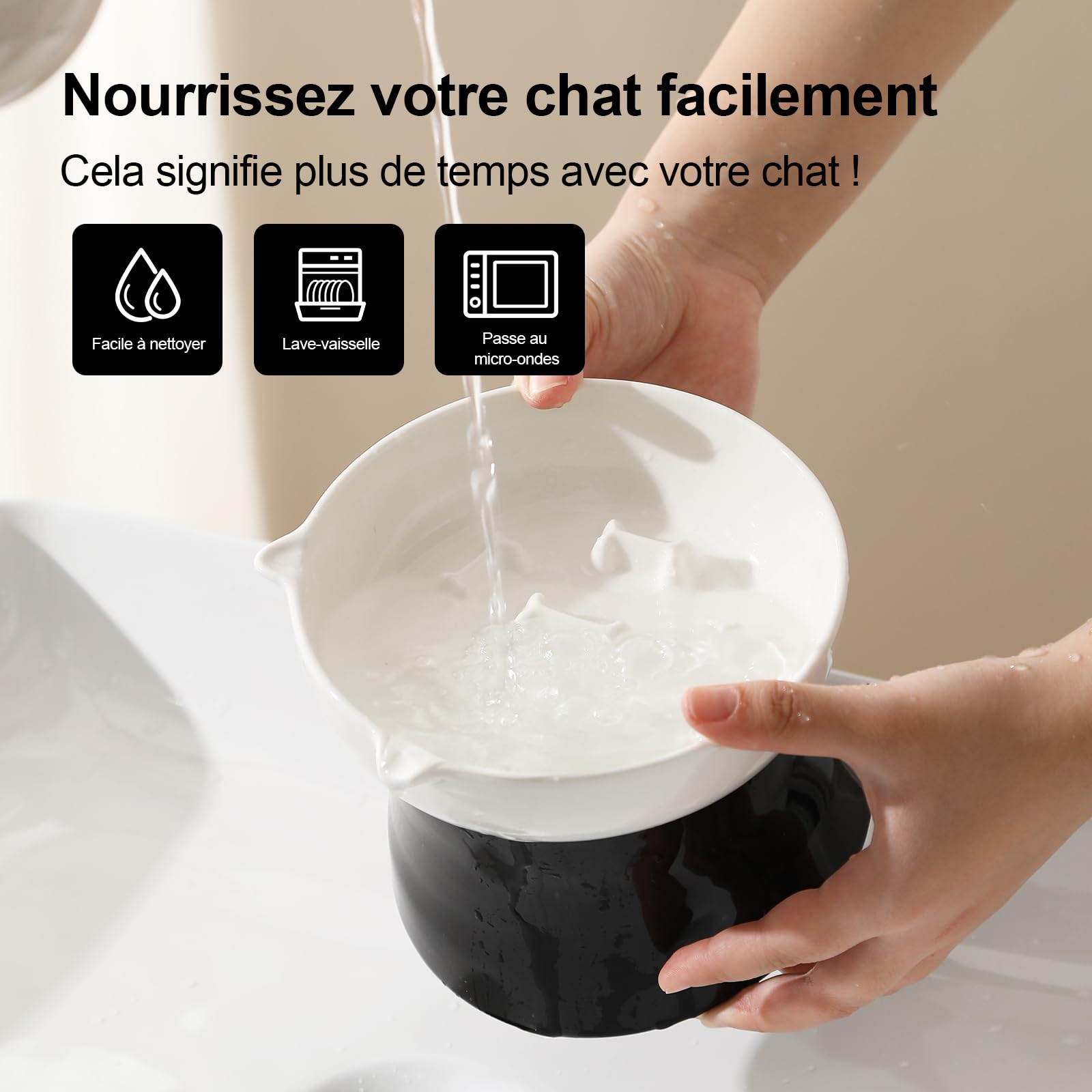 Gamelle Anti-glouton surélevée pour Chat en céramique - Bol Labyrinthe incliné pour Alimentation Lente et Anti-vomissement - Noir et Blanc
