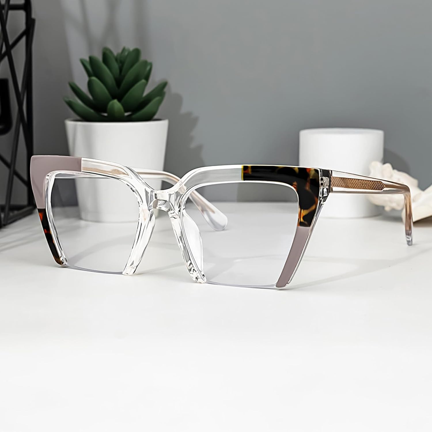 Zeelool TR90 Cat-eye Glasses Semi Rim Frame with Non-prescription Clear Lens for Women Oversized Glasses