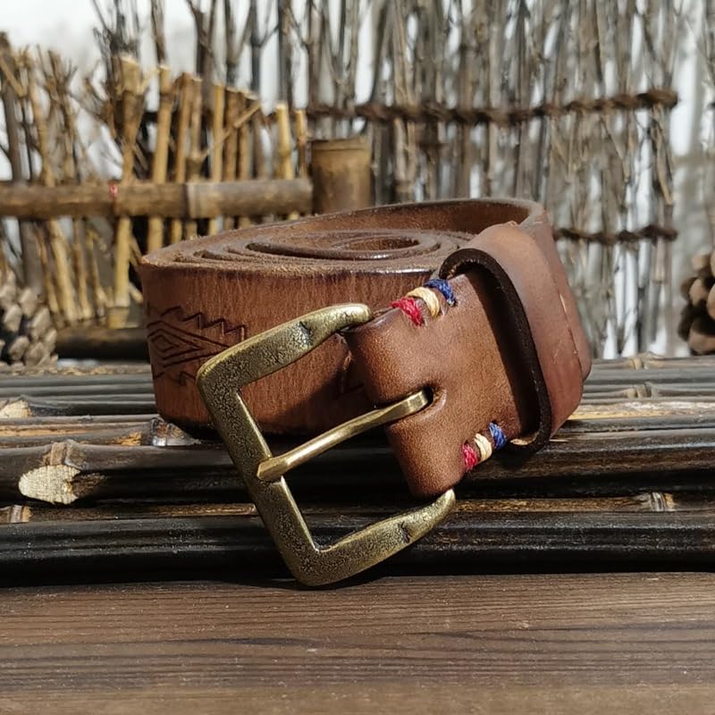 Vintage Engraved Retro Symbols Genuine Leather Distressed Belt, 3.8cm Wide Strap for Men Women Jeans and Everyday Wear(100cm/39, Brown)3