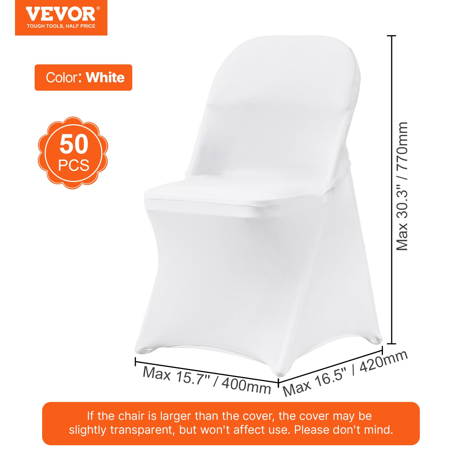 VEVOR Fundas para Sillas Plegables de Spandex Elástico, Funda para Silla Ajustable Universal, Fundas Protectoras Lavables Extraíbles, para Bodas, Vacaciones, 400 x 420 x 770 mm(50 Piezas Blancas)
