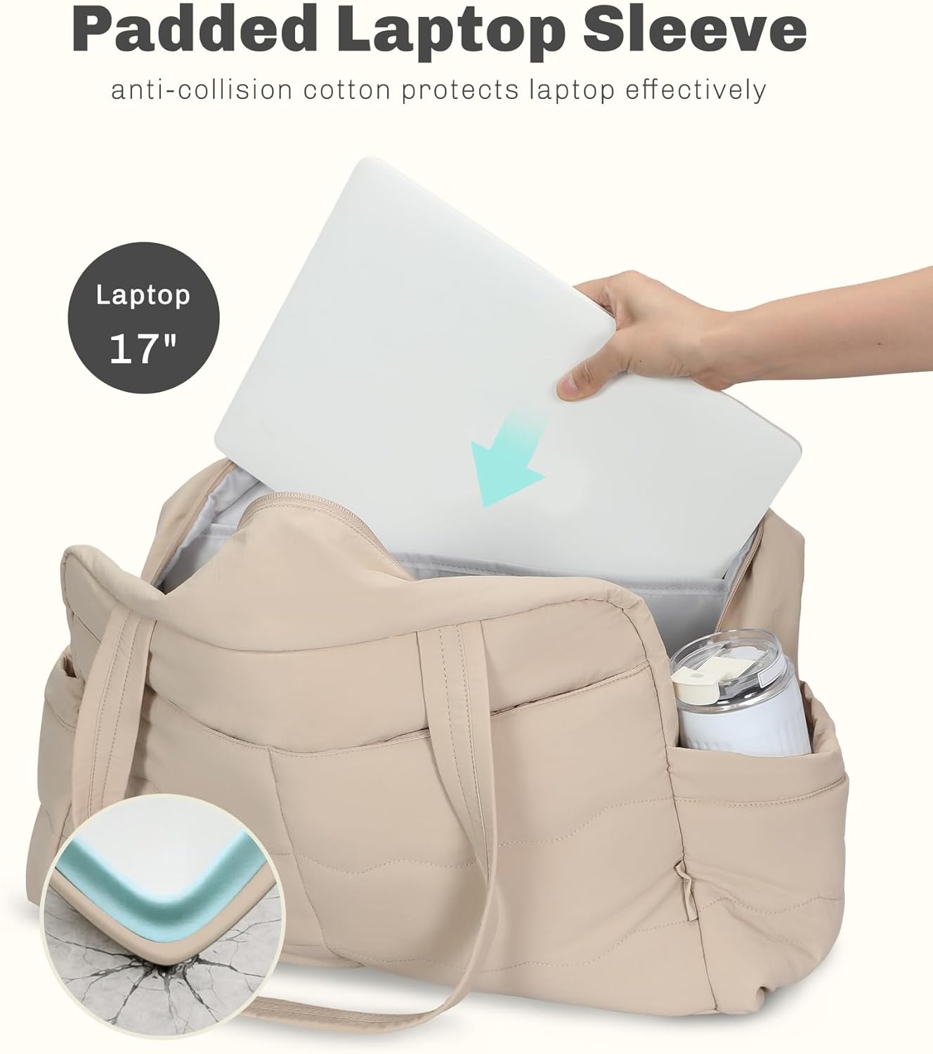 Hynes Eagle Travel Duffel Bag for Women with Toiletry Accessories Pouch Quilted Lightweight Overnight Weekender Carry on Bag with Wet Pocket Large Gym Puffer Tote Bag 31L Camel - Image 4