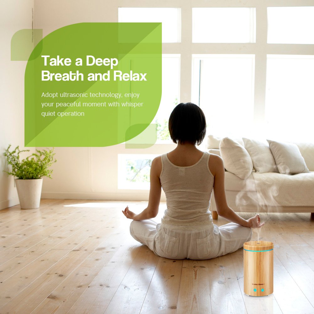 InnoGear Upgraded Real Bamboo Essential Oil Diffuser Ultrasonic Aroma Aromatherapy Diffusers Cool Mist Humidifier with Intermittent Continuous Mist 2 Working Modes Waterless Auto Off 7 Color LED Light