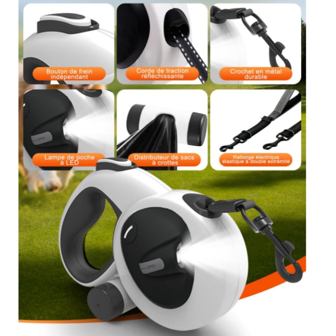 Retractable Leashes for Medium and Large Dogs Up to 50kg - Single Mode 5m & Double 5m+65cm, LED 155mAh, Brake Button at The Top, ABS+PC Heavy Duty Material, Safety Buckle & Door (L， 30-50KG)