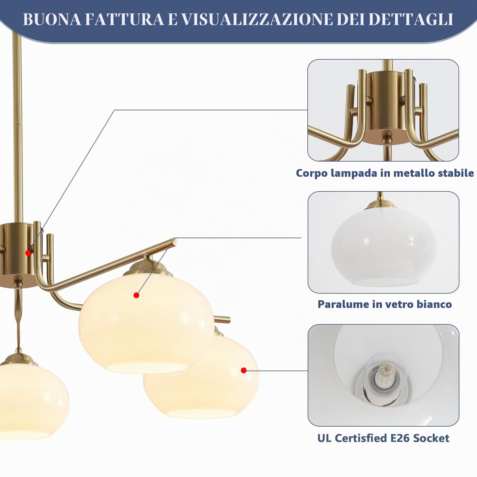 KCO Lighting Lampadario a 5 luci Globe Flush Mount Sputnik Lampadari moderno a sospensione in ottone oro Apparecchio di illuminazione con sfera di vetro al latte Lampadario per l'isola della cucina