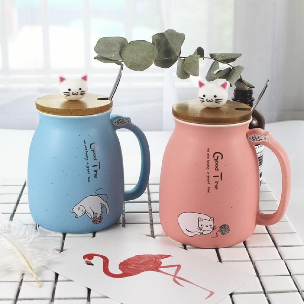 KAWAII Cat Mug 450ml Large Mug with Lid and Spoon Capacity - Infusion Tea Coffee Cup - Original Japanese Mug - Cute Kitty - Color Blue
