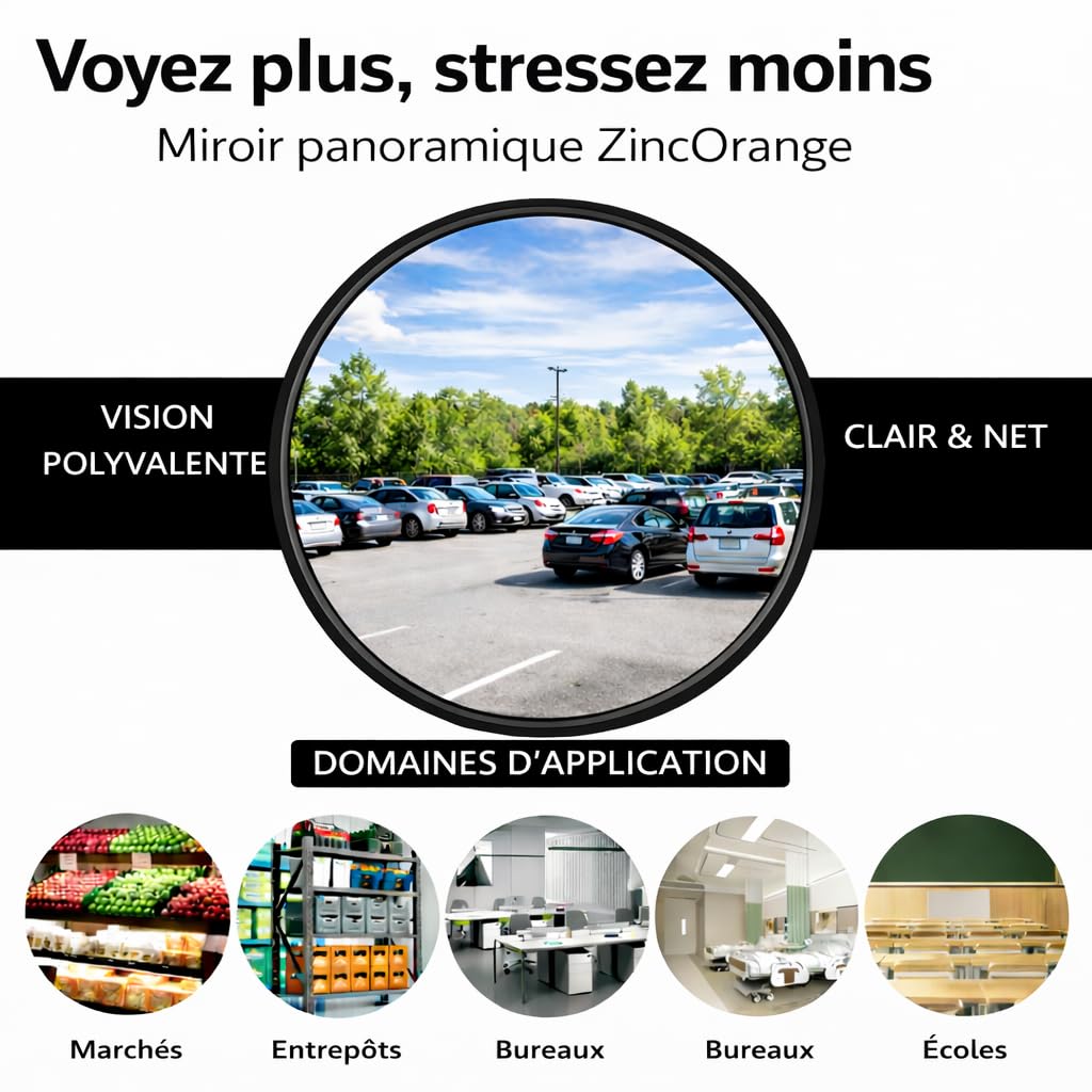 Miroir Convexe 80cm ZincOrange – Miroir de Sécurité pour Angle Mort, Parking, Garage et Entrepôt – Utilisation Intérieure & Extérieure (noir, 80cm)