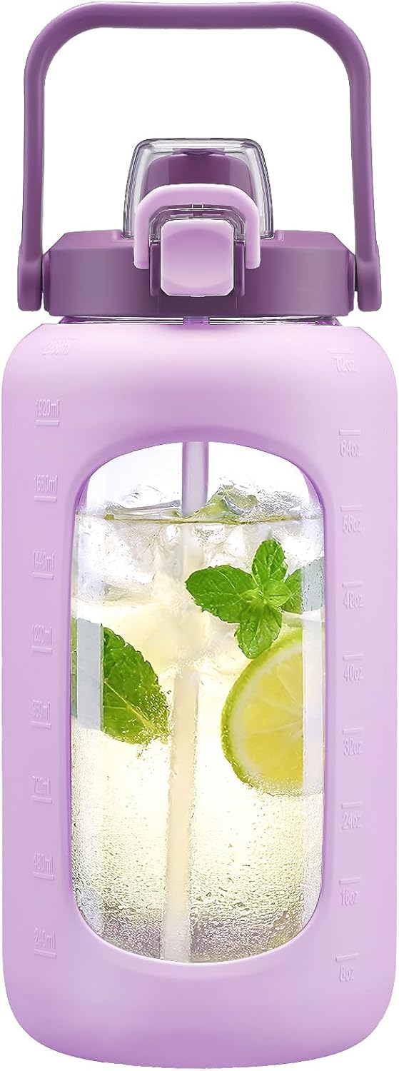 72oz Glass Water Bottle with 2-IN-1 Straw &Chug Lid, Large Motivational Glass Bottle with Capacity Marker and Silicone Sleeve, 2.1Liter Gallon Water Jug for Home, Sports, Gym, BPA Free-Light Purple