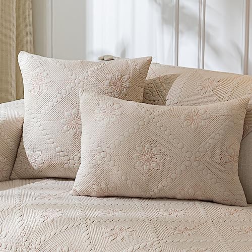 vctops 2 Pack Farmhouse 100% Cotton Quilted Throw Pillow Covers for Couch Bed Sofa Floral Embroidered Cushion Covers Pillowcase (Khaki,12"x20")