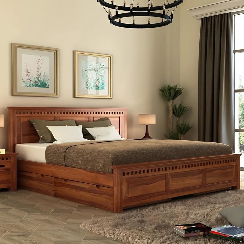 Image of Solid Sheesham Wood Queen Size Bed with Side Drawers Storage and Headboard | Durable Wooden Double Bed Cot Palang Furniture for Bedroom, Living Room, Hotel, Home and Guest Room (Honey Finish)