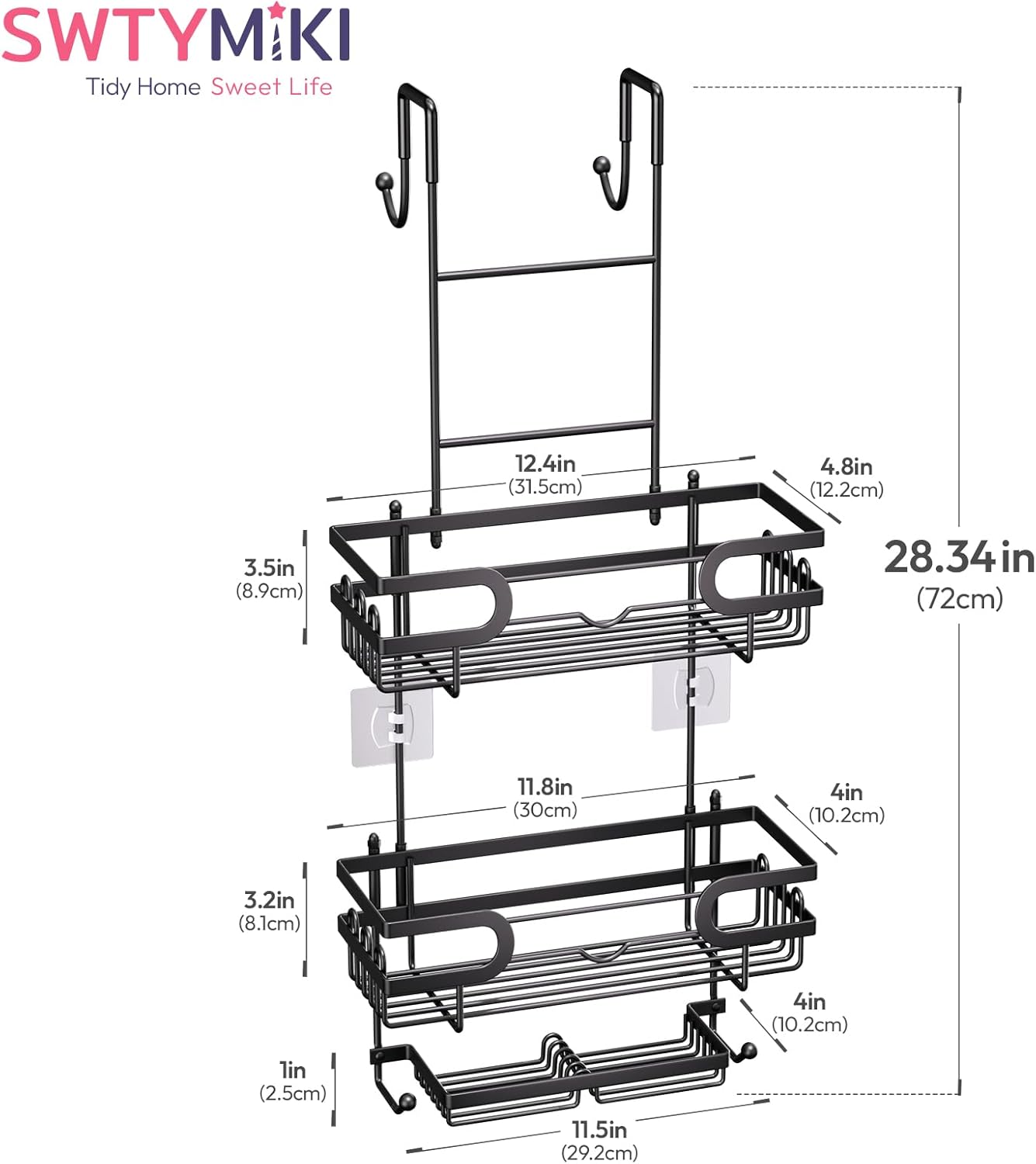 Diagram showing the dimensions of the SWTYMIKI Over the Door Shower Caddy.