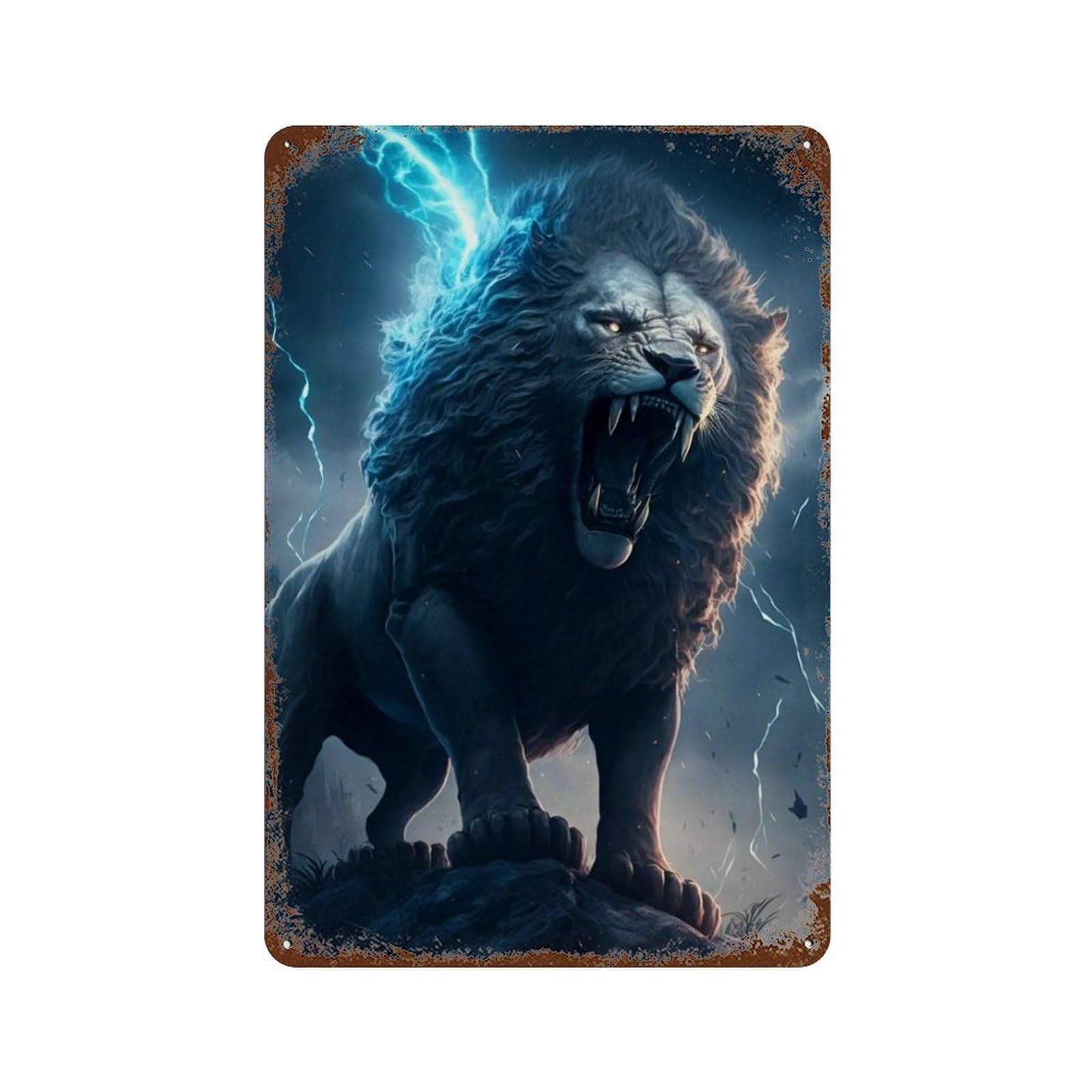 Rust Effect Thundering Lion Roar Rustic Tin Plaque 11.8"x7.9", Industrial Home Decor for Bistro, Counter And Cafe Decor