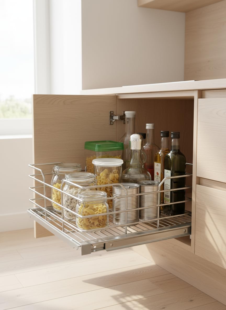 Cestello estraibile sottolavello da cucina 35x45x18cm, cassetto telescopico scorrevole con guide laterali, organizer piano in filo d'acciaio cromato da incasso per mobili da 45cm con kit di montaggio