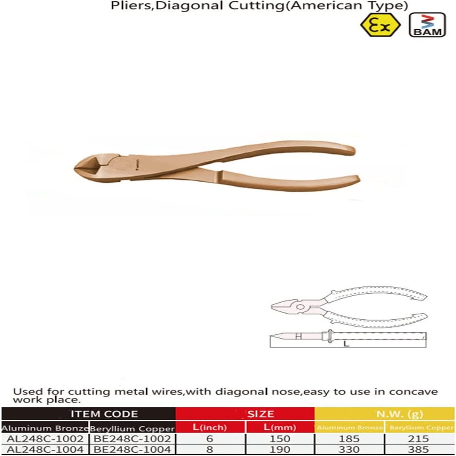 WEDO Alicates de corte diagonal, alicates de corte lateral, cortador lateral, longitud de 190 mm, longitud de 8 pulgadas, cobre berilio, no brillante, no magnético, estándar DIN, certificado BAM y FM