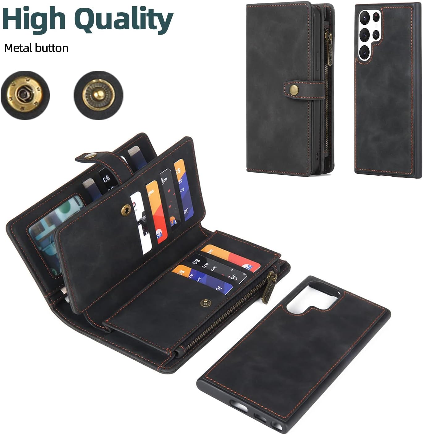 TwoHead for Samsung Galaxy S22 Ultra Wallet Case with Card Holder & Detachable Magnetic Phone Case, Leather All-Round Protection Wallet Phone Case for Women Men,6.8in,Black