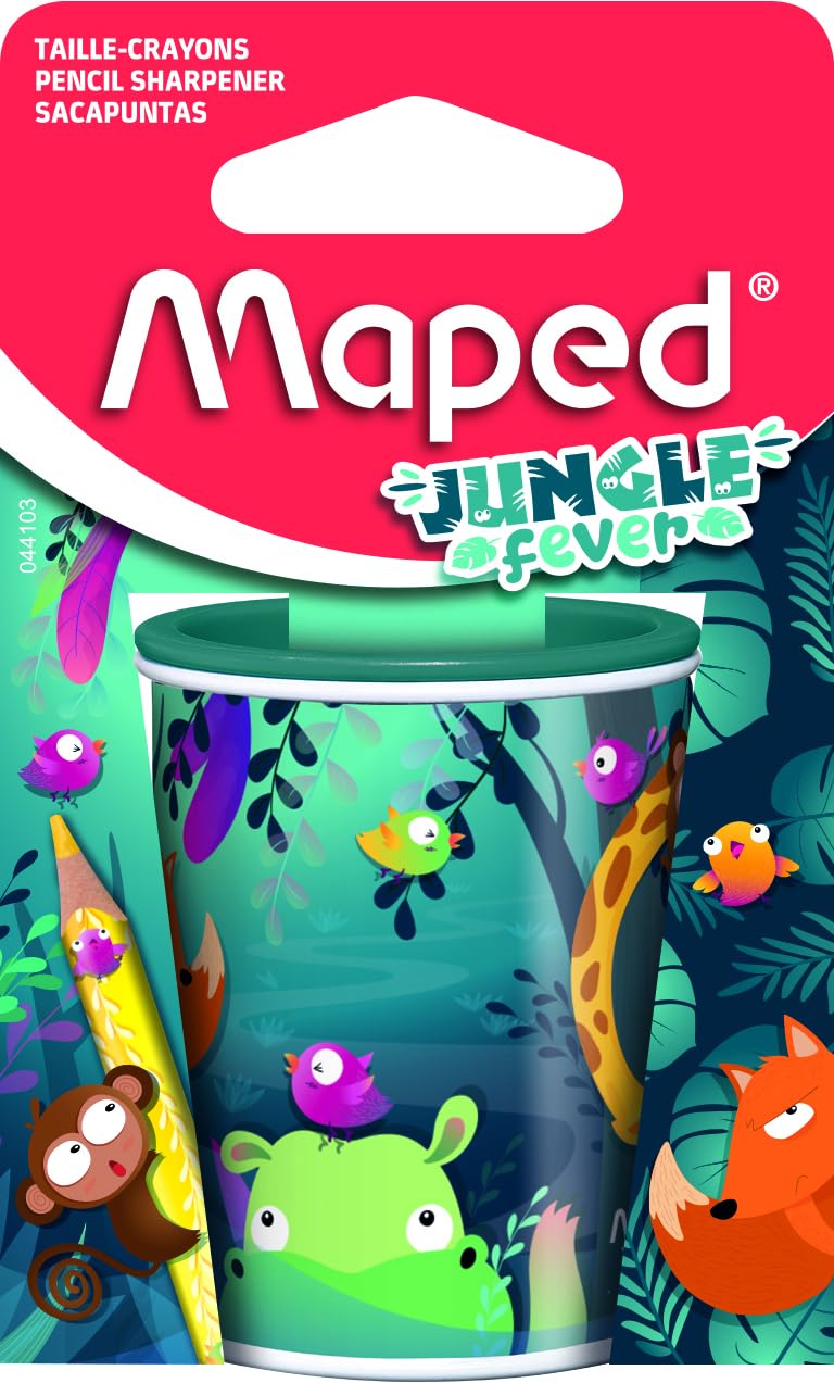Maped - Jungle Fever Pencil Sharpener with 2 Holes and Large Canister - Recyclable Cardboard Packaging