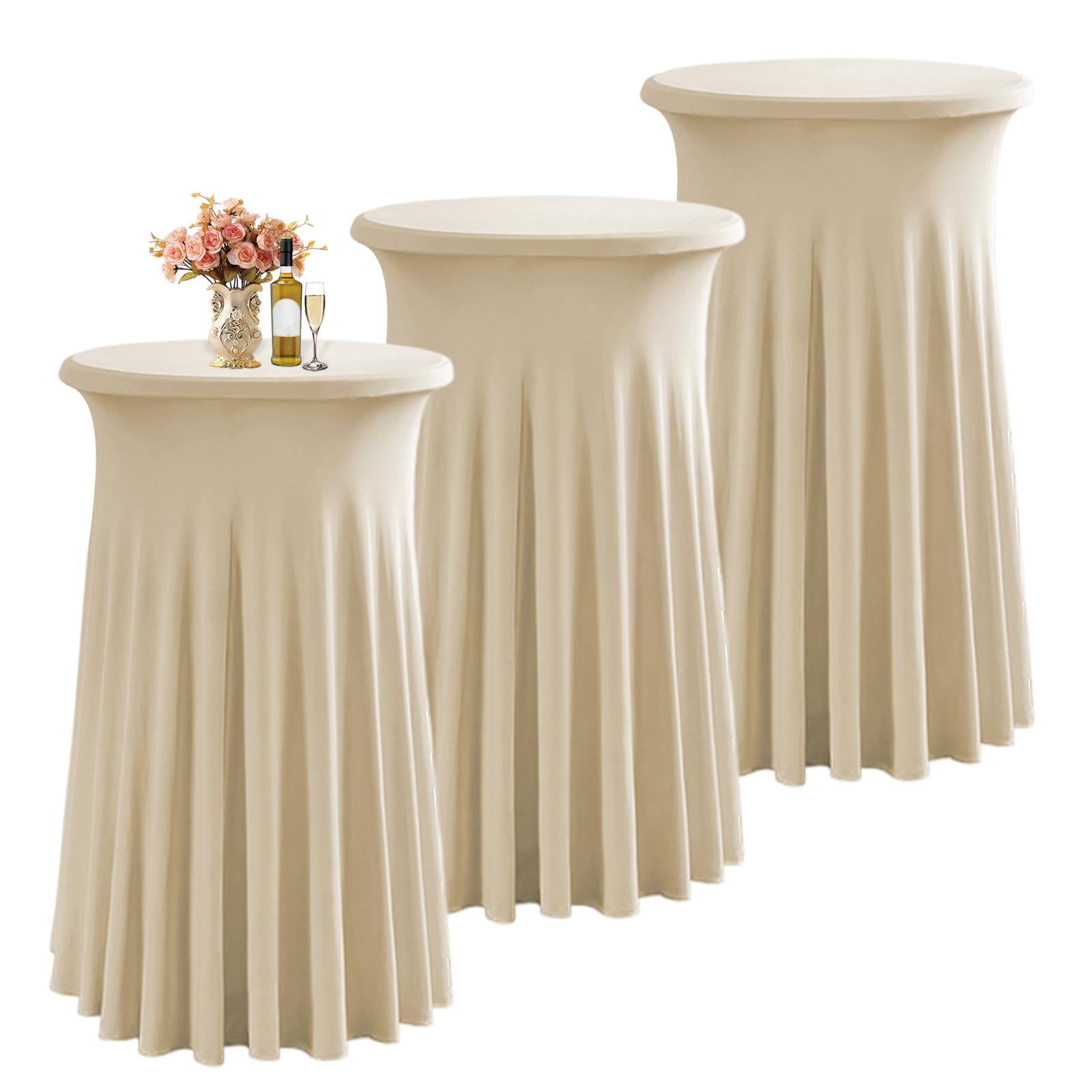Stehtisch Hussen 80×110cm, Stretch Spandex Bistrotisch Tischrock, Runde Cocktail Tischdecke mit Rock für Party Hochzeit Banketttisch,Champagne,3pcs