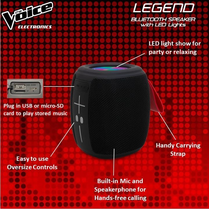 The Voice Legend speaker highlighting oversized controls, USB/Micro-SD slot, built-in mic, and carrying strap.