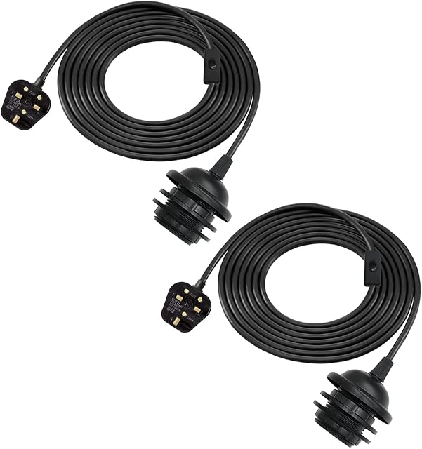 Pendant Light Fitting Kit 2 Pack E27 lamp Holder with 450cm Cable Black Plug in Pendant Lighting Plug in Light Bulb Plug in Pendant Light Cord Pendant Lamp Kit Extension for Lampshade