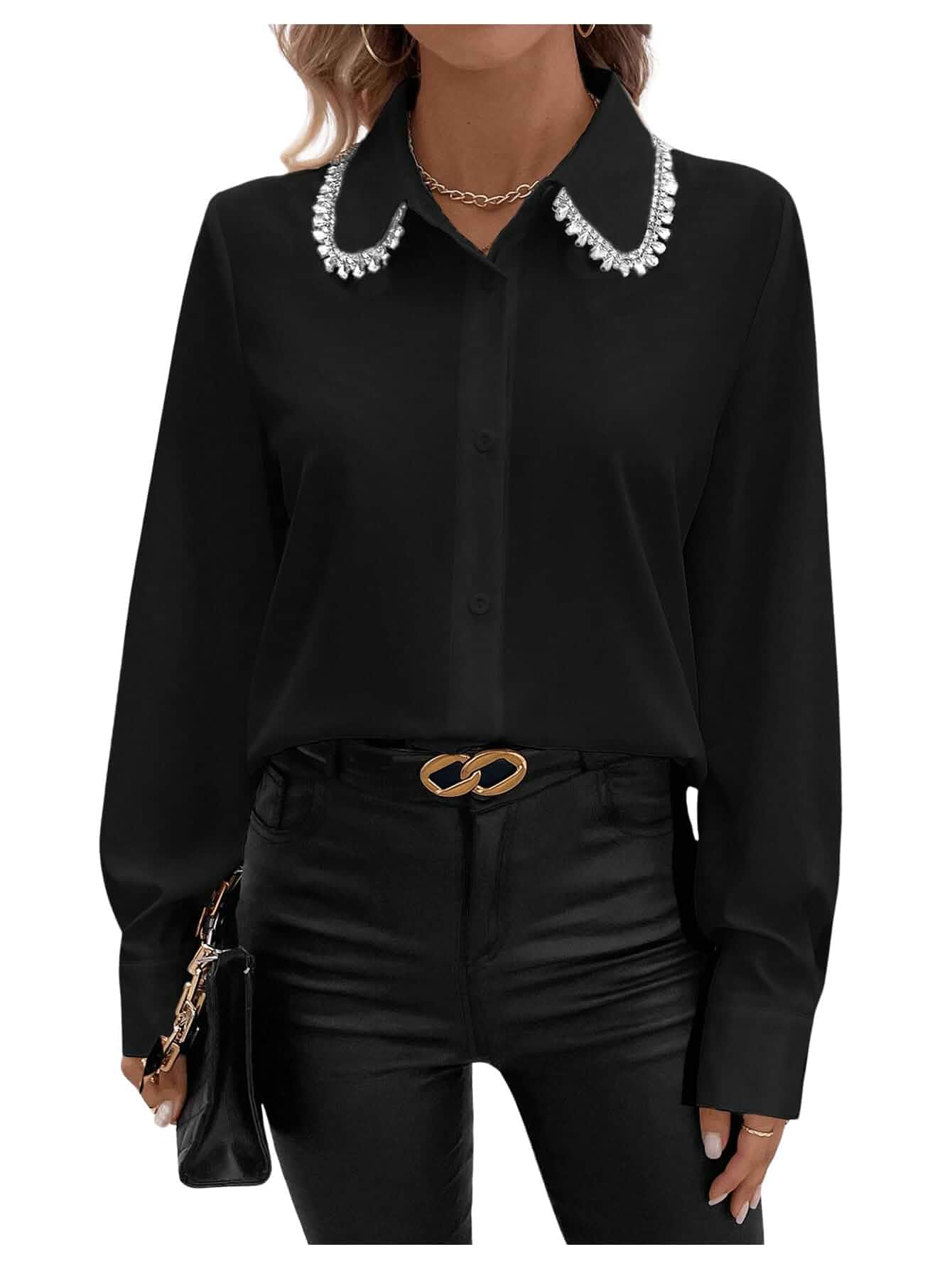 SweatyRocks Women's Long Sleeve Button Down Blouses Rhinestone Decor Work Tops Long Sleeve
